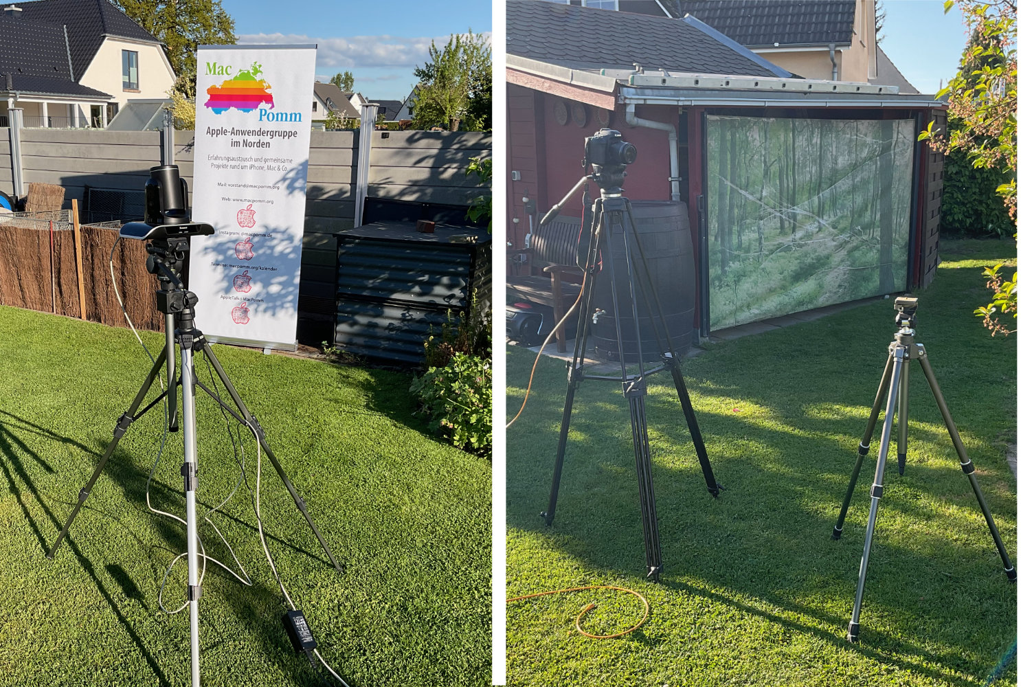 In einem Garten stehen Kameras für eine Liveübertragung von MacPomm, der Apple-Anwendergruppe im Norden.