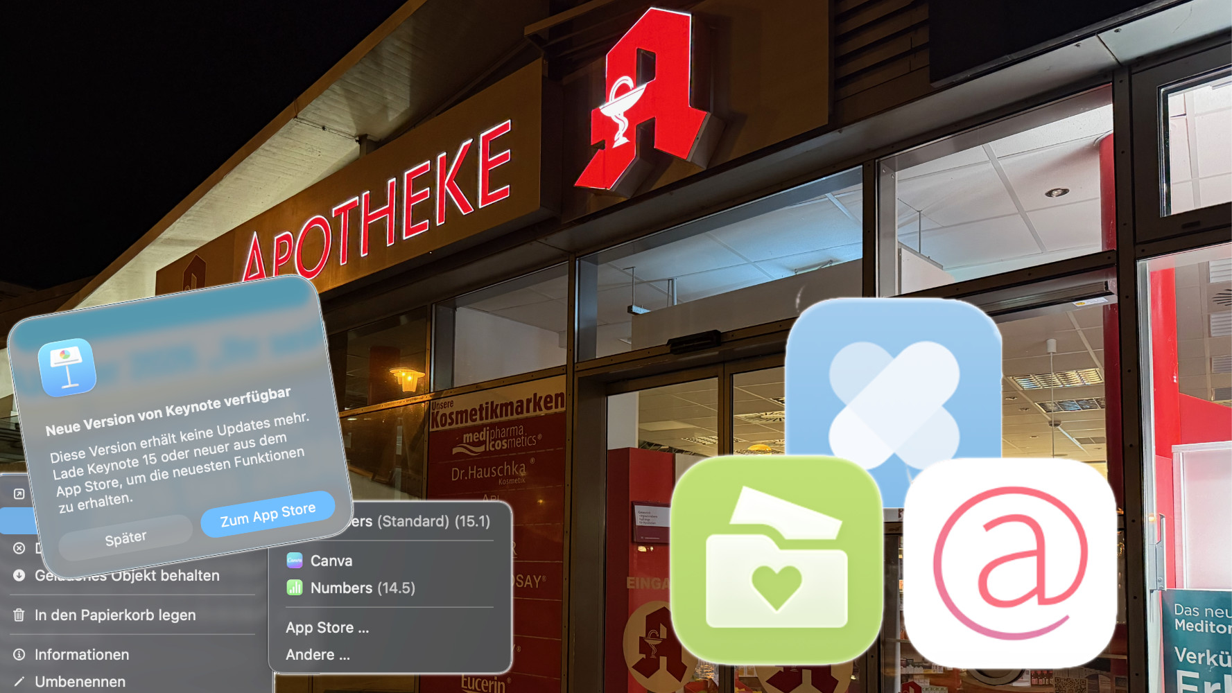 Zeigt eine Collage aus Symbolen für Apotheken-Apps vor einer Apotheke sowie Screenshots zum Thema iWork-Version 15.