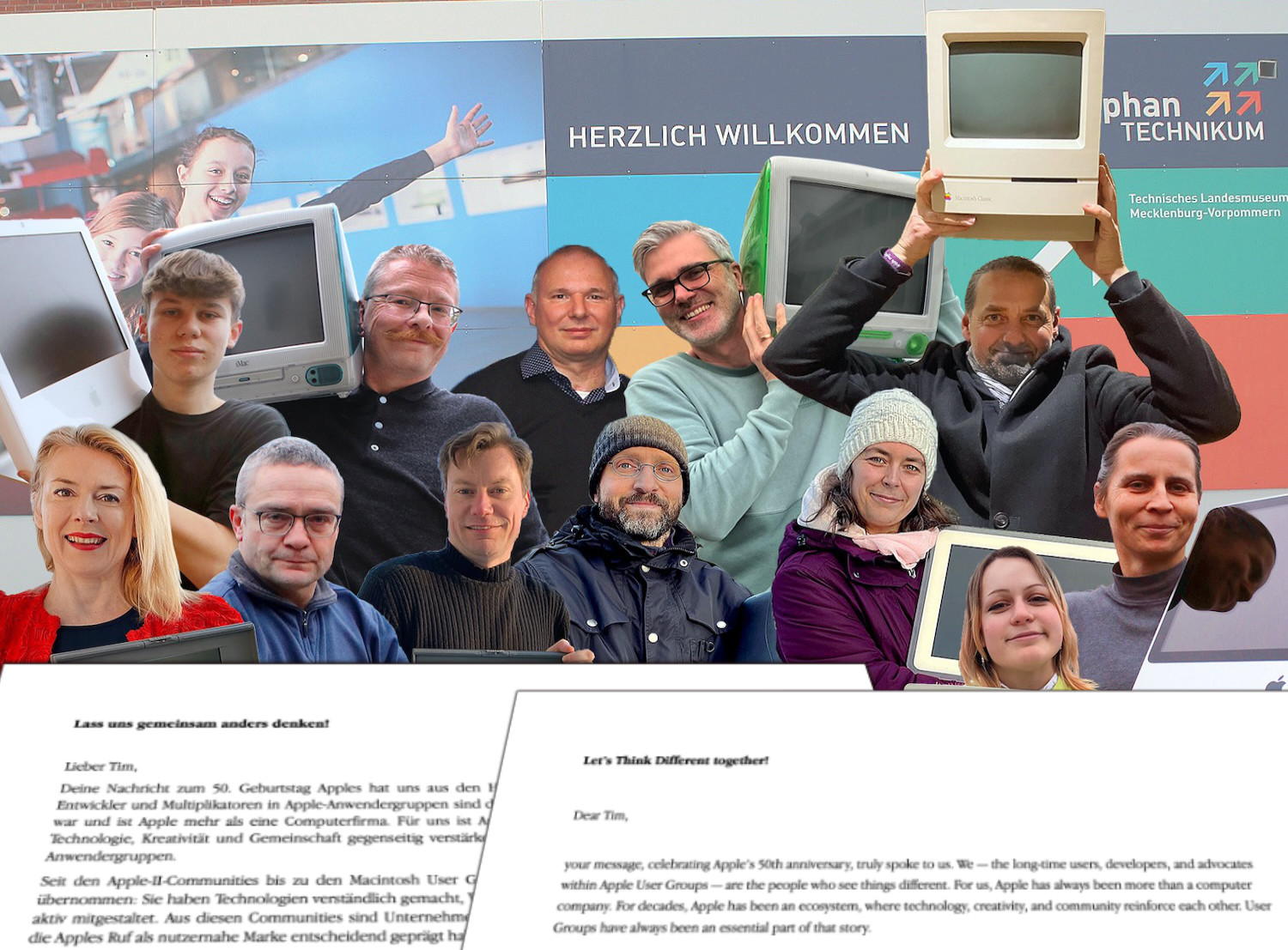 Mitglieder der Anwendergruppe mit einem Brief in Deutsch und Englisch.