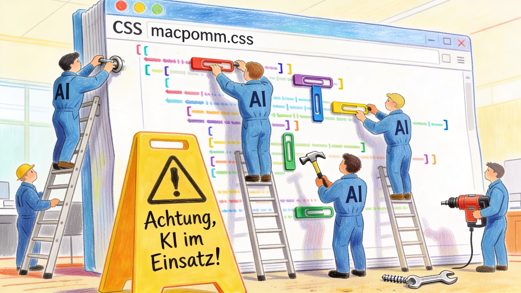 Zeigt Handwerker, die KI darstellen sollen, bei der Arbeit an einer Webseite.