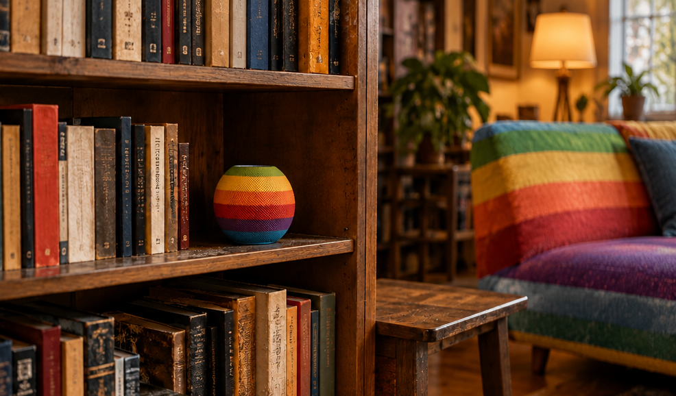 In einem Zimmer steht eine Couch in Regenbogenfarben und in einem Bücherregal ein HomePod mini ebenfalls in Regenbogenfarben.